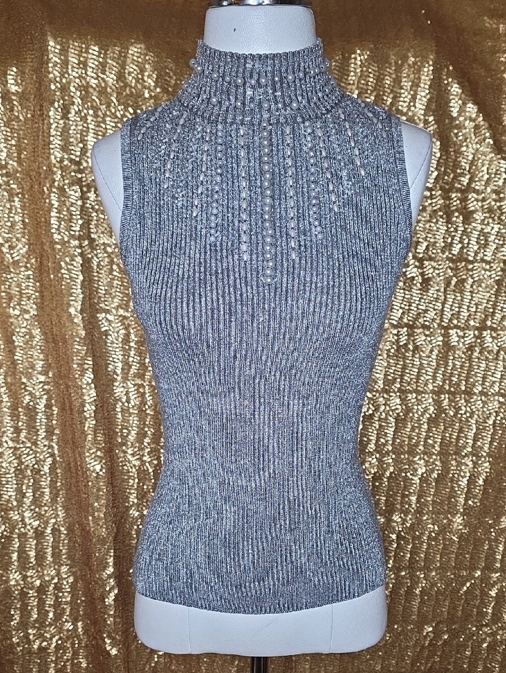 Cache Metallic Ribbed Mock Neck Tank in Silver